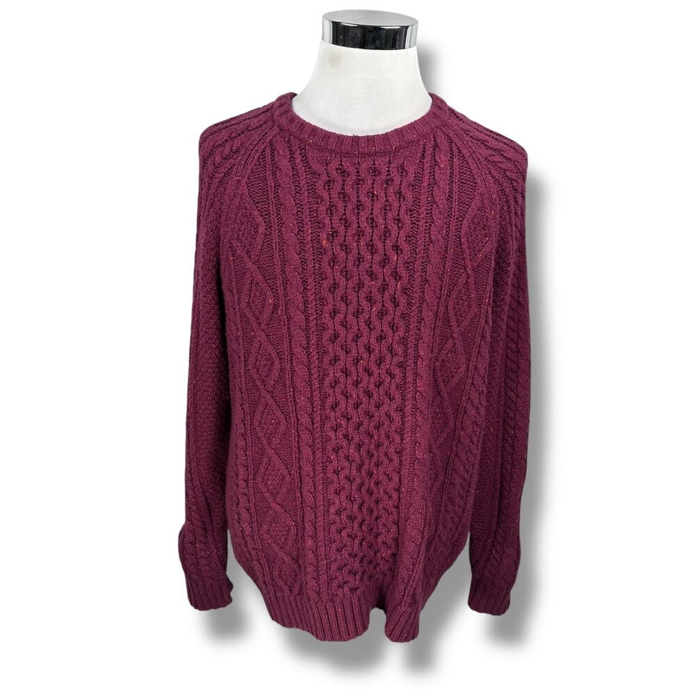 Lands End Fisherman Sweater Men Large Maroon Confetti Knit Long Sleeve Pullover